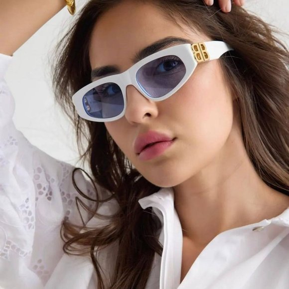 Balenciaga BB0095S 004 BRAND NEW Sunglasses White Gold Light Blue Cat Eye Unisex - Picture 7 of 13